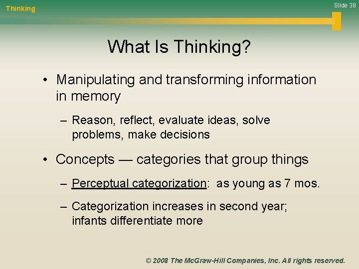 Slide 38 Thinking What Is Thinking? • Manipulating and transforming information in memory –