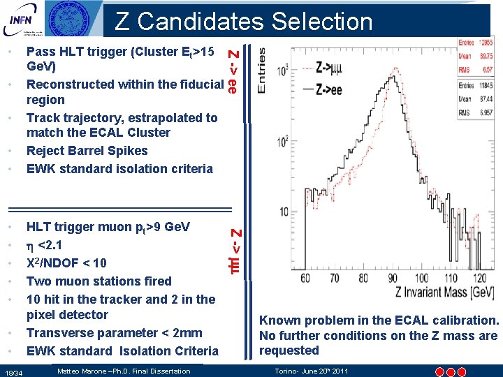 Z Candidates Selection • • • 18/34 HLT trigger muon pt>9 Ge. V h Z Candidates Selection • • • 18/34 HLT trigger muon pt>9 Ge. V h