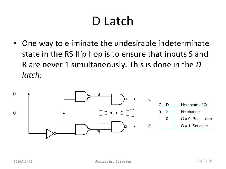 D Latch • One way to eliminate the undesirable indeterminate state in the RS