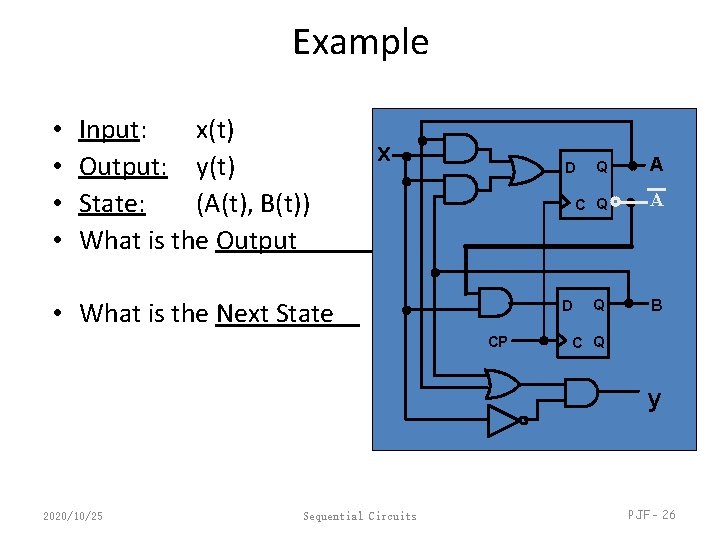 Example • • Input: x(t) Output: y(t) State: (A(t), B(t)) What is the Output