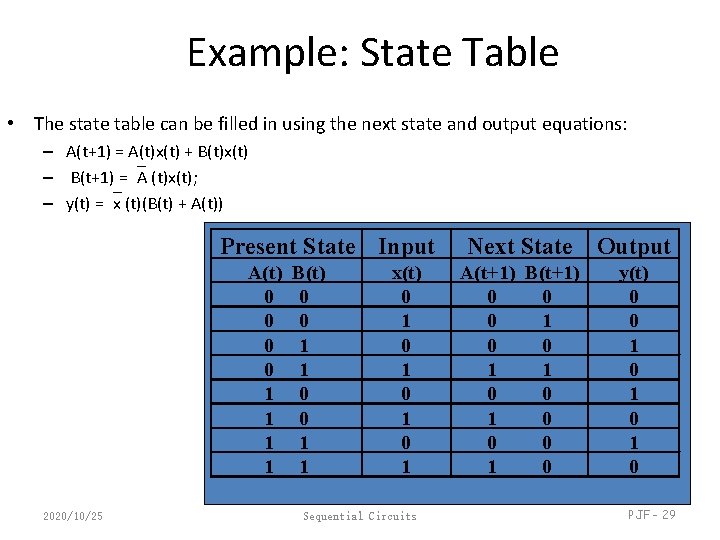 Example: State Table • The state table can be filled in using the next