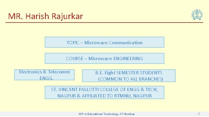 MR. Harish Rajurkar TOPIC – Microwave Communication COURSE – Microwave ENGINEERING Electronics & Telecomm