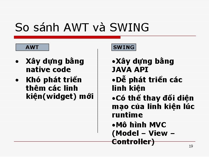 So sánh AWT và SWING AWT • Xây dựng bằng native code • Khó