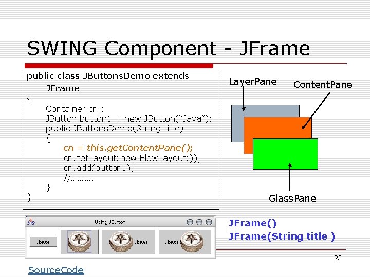 SWING Component - JFrame public class JButtons. Demo extends JFrame { Container cn ;