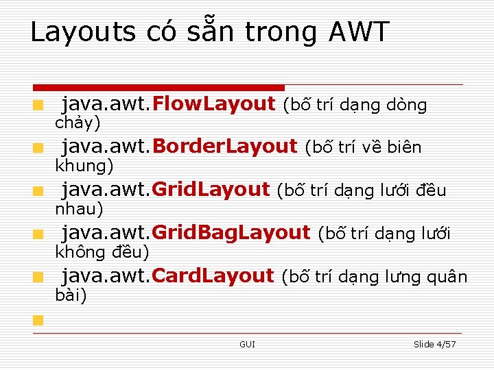 Layouts có sẵn trong AWT java. awt. Flow. Layout (bố trí dạng dòng chảy)