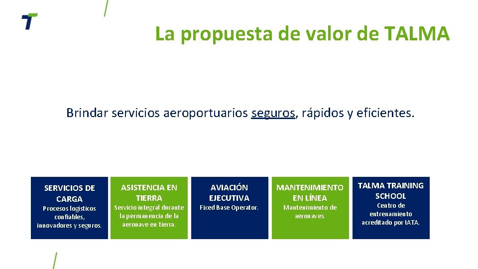 La propuesta de valor de TALMA Brindar servicios aeroportuarios seguros, rápidos y eficientes. SERVICIOS La propuesta de valor de TALMA Brindar servicios aeroportuarios seguros, rápidos y eficientes. SERVICIOS