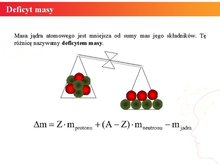 Deficyt masy Masa jądra atomowego jest mniejsza od sumy mas jego składników. Tę różnicę