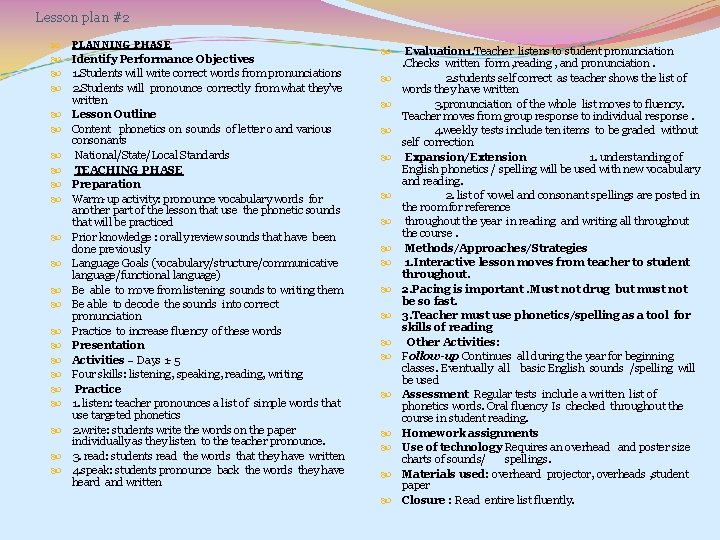 Lesson plan #2 PLANNING PHASE Identify Performance Objectives 1. Students will write correct words