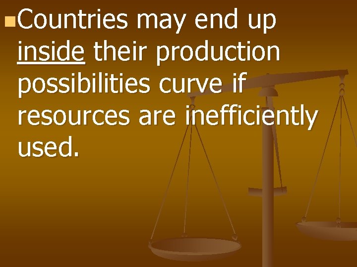 n. Countries may end up inside their production possibilities curve if resources are inefficiently