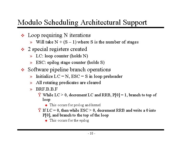 Modulo Scheduling Architectural Support v Loop requiring N iterations » Will take N +