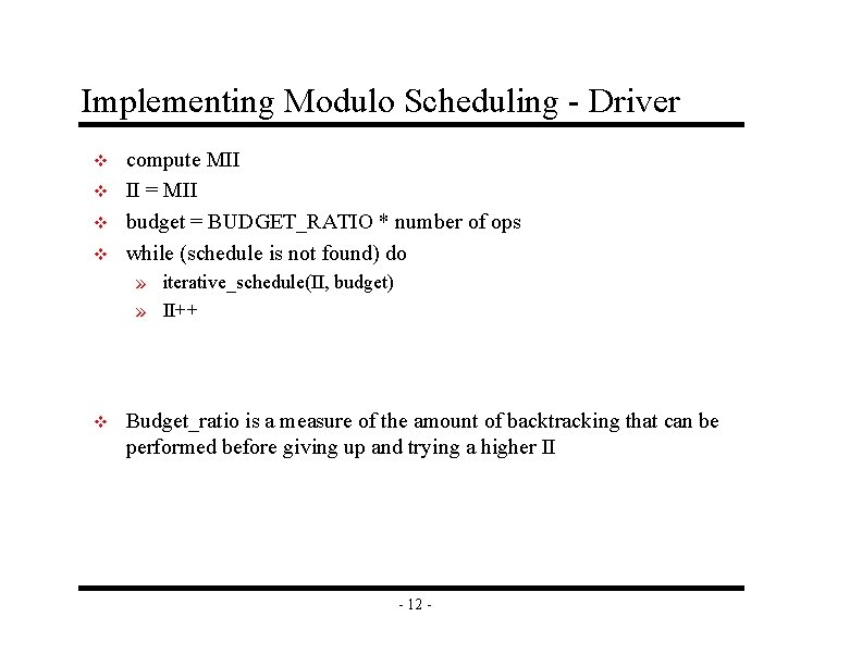 Implementing Modulo Scheduling - Driver v v compute MII II = MII budget =