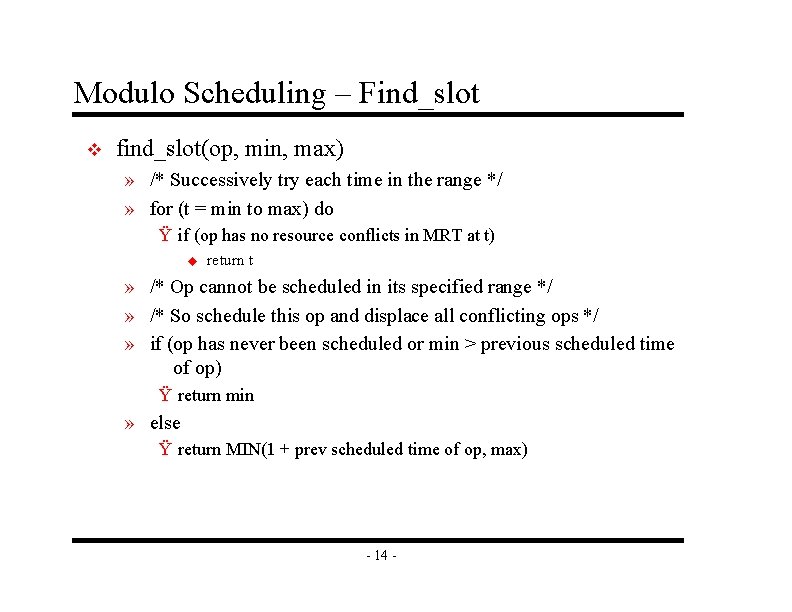 Modulo Scheduling – Find_slot v find_slot(op, min, max) » /* Successively try each time