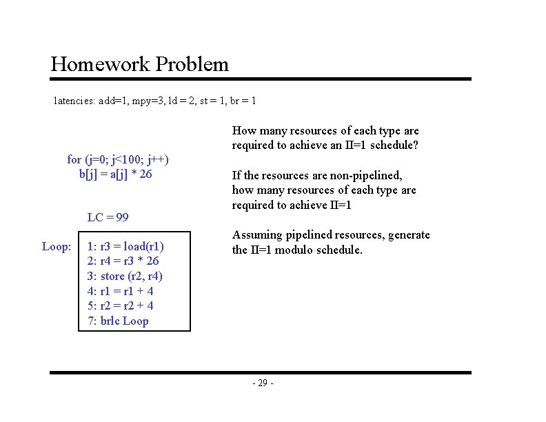 Homework Problem latencies: add=1, mpy=3, ld = 2, st = 1, br = 1