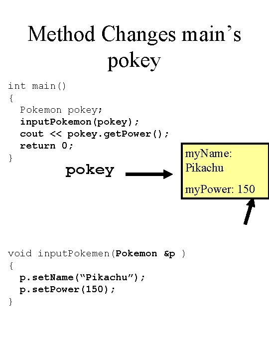 Method Changes main’s pokey int main() { Pokemon pokey; input. Pokemon(pokey); cout << pokey.