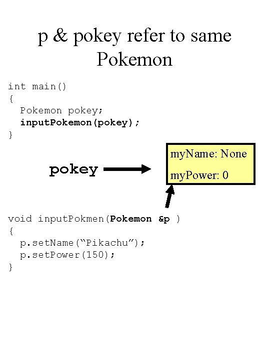 p & pokey refer to same Pokemon int main() { Pokemon pokey; input. Pokemon(pokey);