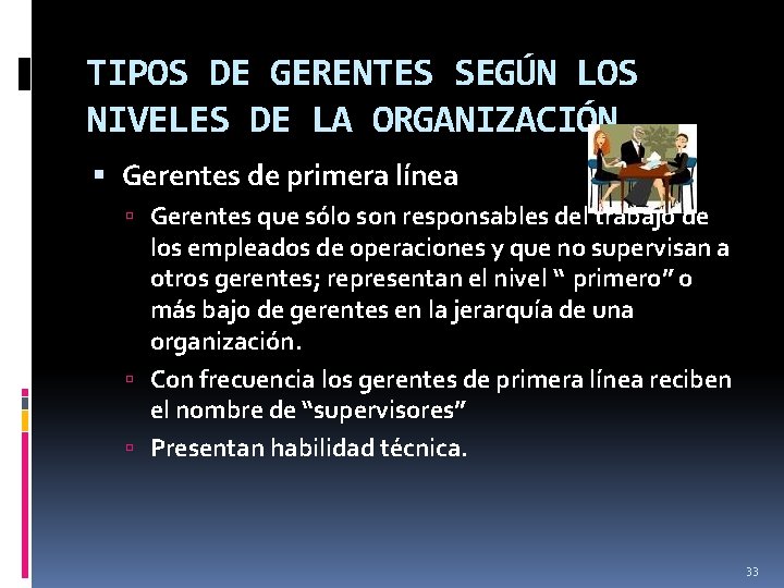 TIPOS DE GERENTES SEGÚN LOS NIVELES DE LA ORGANIZACIÓN Gerentes de primera línea Gerentes TIPOS DE GERENTES SEGÚN LOS NIVELES DE LA ORGANIZACIÓN Gerentes de primera línea Gerentes