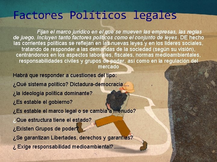 Factores Políticos legales Fijan el marco jurídico en el que se mueven las empresas, Factores Políticos legales Fijan el marco jurídico en el que se mueven las empresas,
