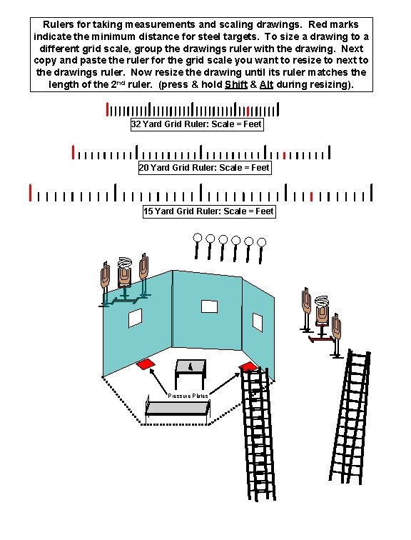 Rulers for taking measurements and scaling drawings. Red marks indicate the minimum distance for