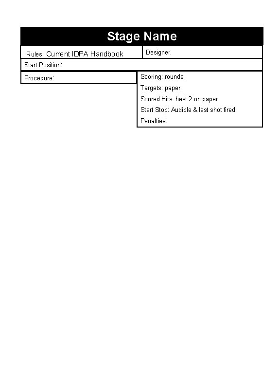 Stage Name Rules: Current IDPA Handbook Designer: Start Position: Procedure: Scoring: rounds Targets: paper