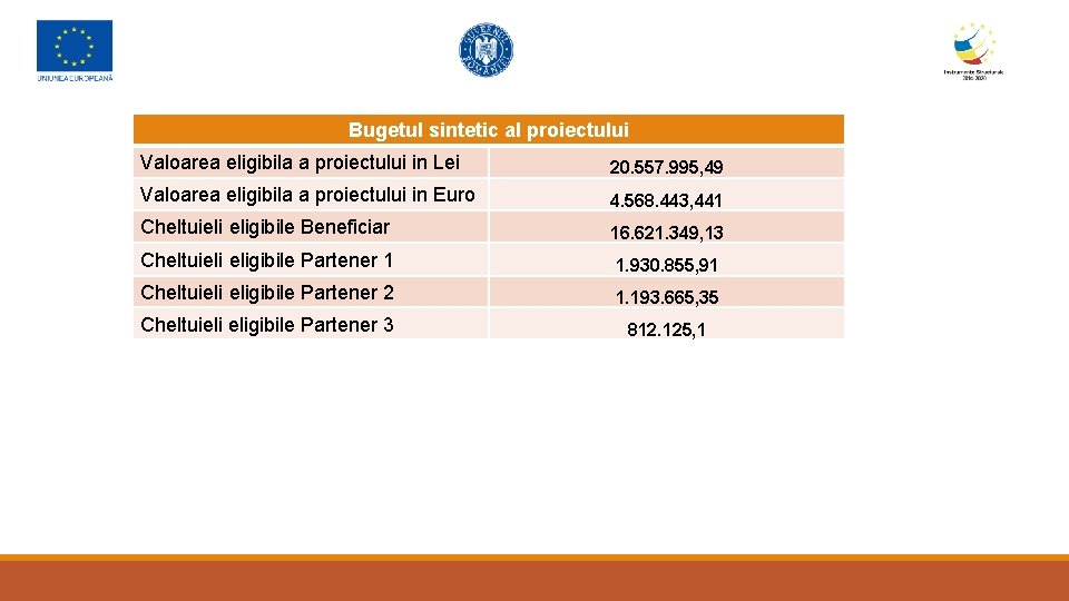 Bugetul sintetic al proiectului Valoarea eligibila a proiectului in Lei 20. 557. 995, 49