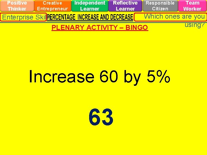 Positive Thinker Creative Entrepreneur Enterprise Skills Independent Learner Reflective Learner Responsible Citizen Team Worker