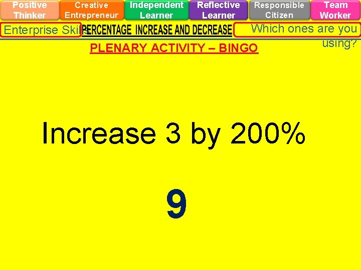Positive Thinker Creative Entrepreneur Enterprise Skills Independent Learner Reflective Learner Responsible Citizen Team Worker