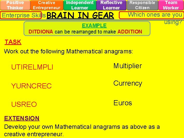 Positive Thinker Creative Entrepreneur Independent Learner Enterprise Skills BRAIN Reflective Learner IN GEAR Responsible