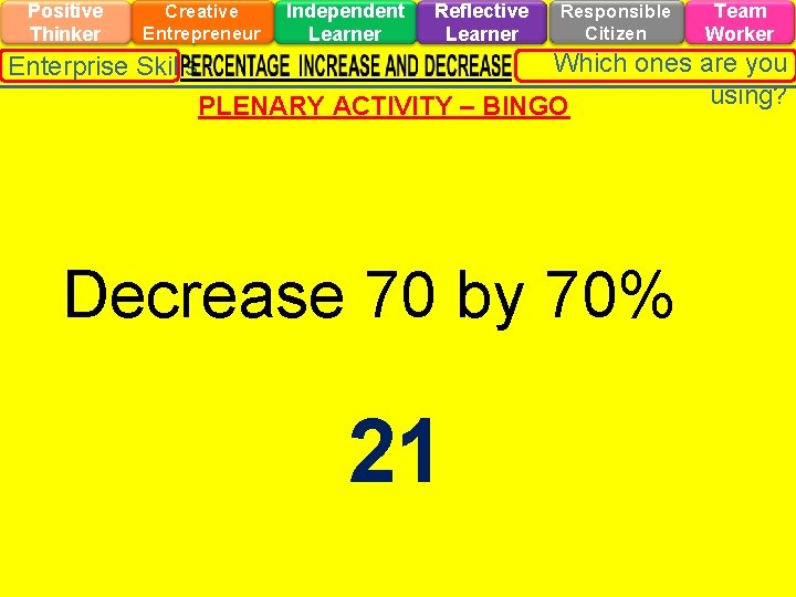 Positive Thinker Creative Entrepreneur Enterprise Skills Independent Learner Reflective Learner Responsible Citizen Team Worker