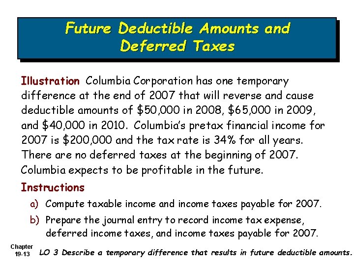 Future Deductible Amounts and Deferred Taxes Illustration Columbia Corporation has one temporary difference at