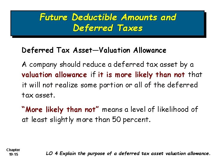 Future Deductible Amounts and Deferred Taxes Deferred Tax Asset—Valuation Allowance A company should reduce