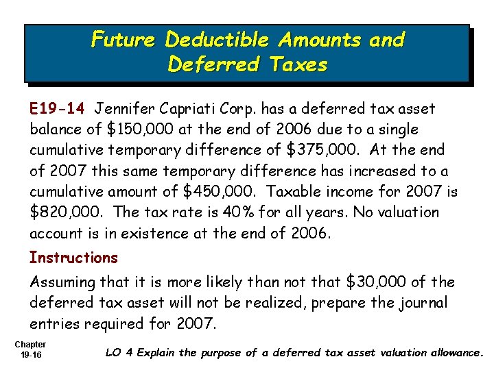 Future Deductible Amounts and Deferred Taxes E 19 -14 Jennifer Capriati Corp. has a