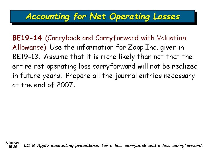 Accounting for Net Operating Losses BE 19 -14 (Carryback and Carryforward with Valuation Allowance)