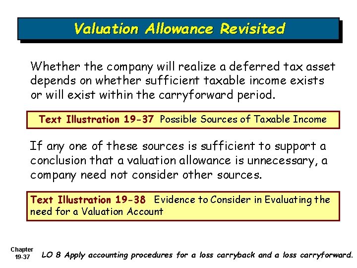 Valuation Allowance Revisited Whether the company will realize a deferred tax asset depends on