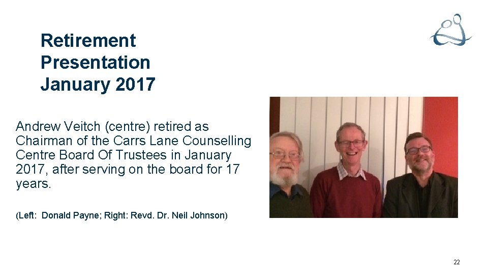 Retirement Presentation January 2017 Andrew Veitch (centre) retired as Chairman of the Carrs Lane