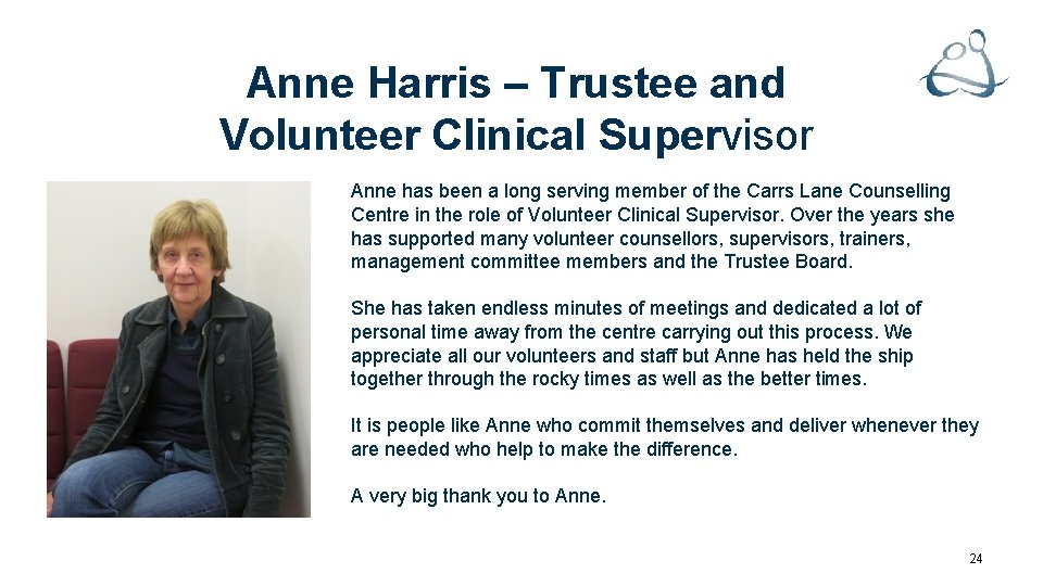 Anne Harris – Trustee and Volunteer Clinical Supervisor Anne has been a long serving