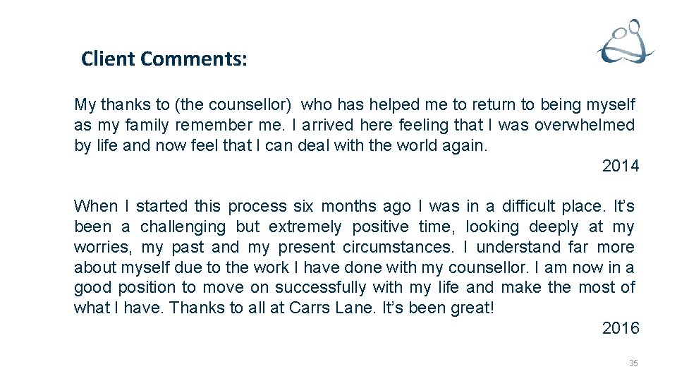 Client Comments: My thanks to (the counsellor) who has helped me to return to