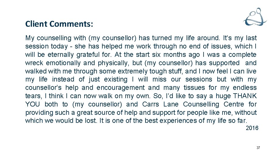 Client Comments: My counselling with (my counsellor) has turned my life around. It’s my