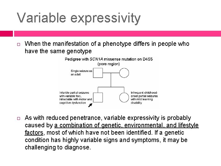 Variable expressivity When the manifestation of a phenotype differs in people who have the