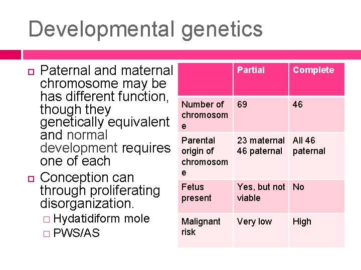Developmental genetics Paternal and maternal chromosome may be has different function, though they genetically