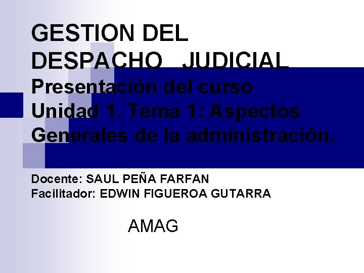 GESTION DEL DESPACHO JUDICIAL Presentación del curso Unidad 1. Tema 1: Aspectos Generales de