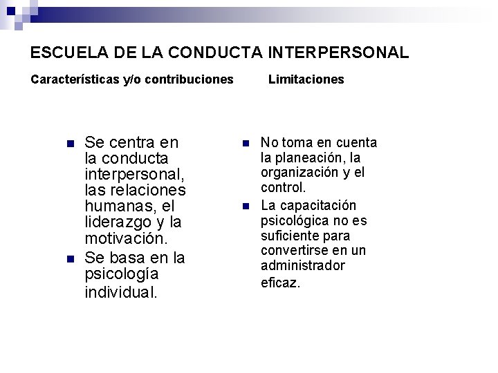 ESCUELA DE LA CONDUCTA INTERPERSONAL Características y/o contribuciones n n Se centra en la