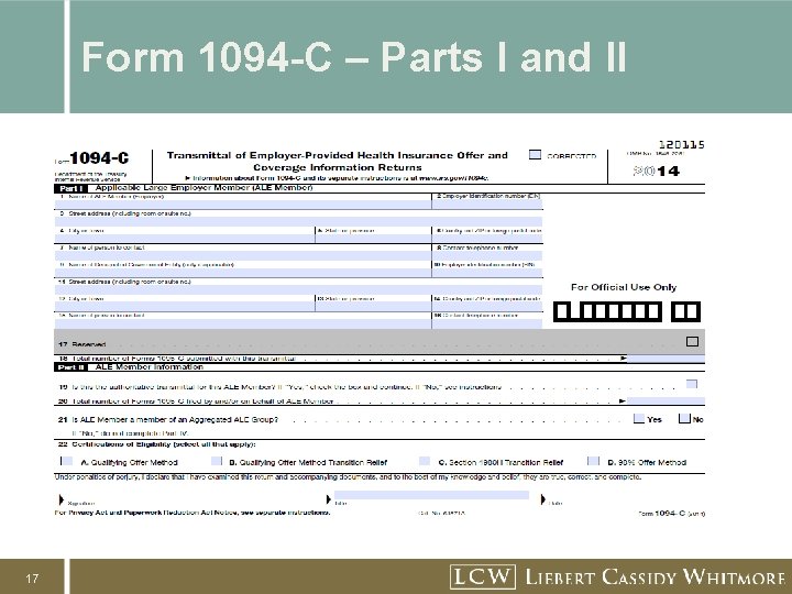 Form 1094 -C – Parts I and II 17 