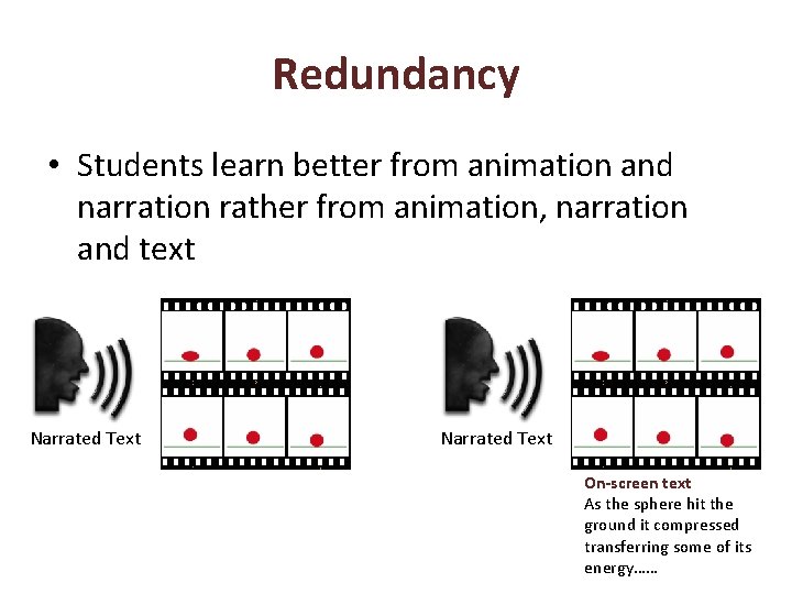 Redundancy • Students learn better from animation and narration rather from animation, narration and