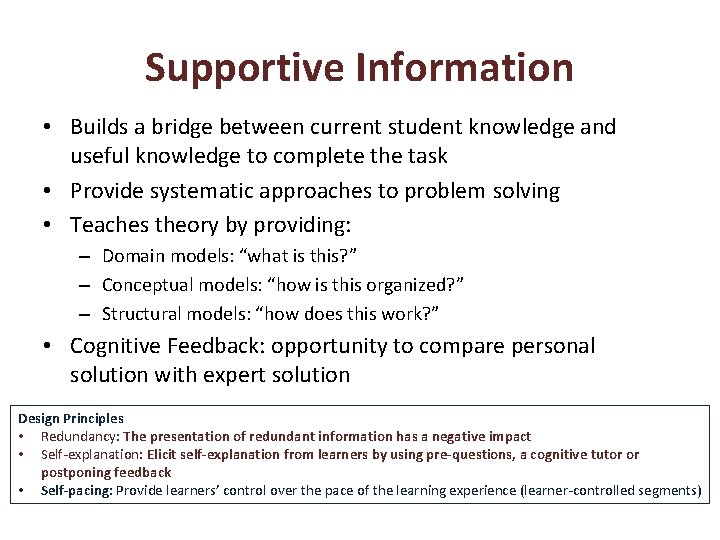 Supportive Information • Builds a bridge between current student knowledge and useful knowledge to