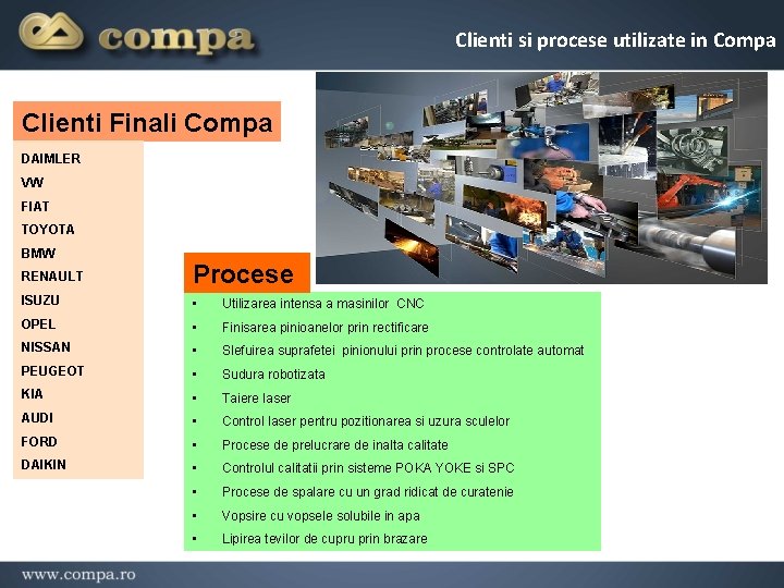 Clienti si procese utilizate in Compa Clienti Finali Compa DAIMLER VW FIAT TOYOTA BMW