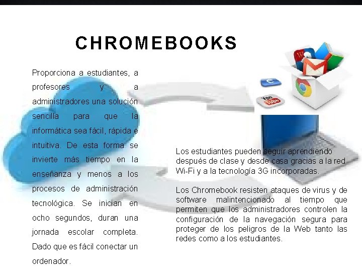 CHROMEBOOKS Proporciona a estudiantes, a profesores y a administradores una solución sencilla para que