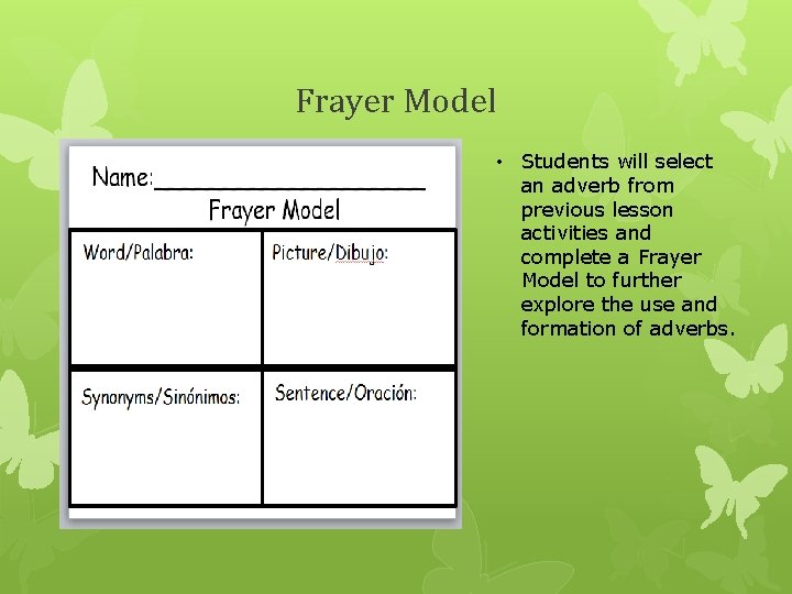 Frayer Model • Students will select an adverb from previous lesson activities and complete