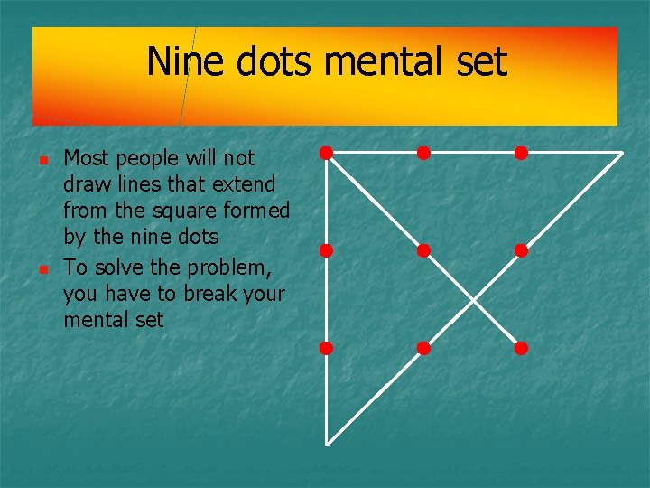 Nine dots mental set n n Most people will not draw lines that extend Nine dots mental set n n Most people will not draw lines that extend