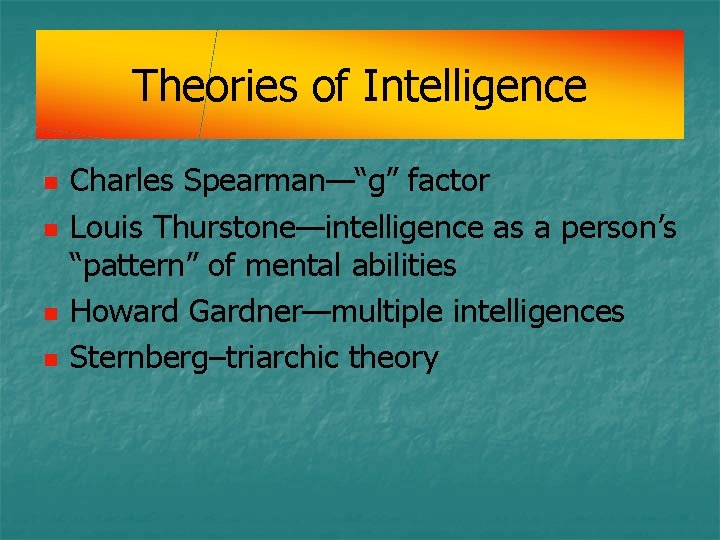 Theories of Intelligence n n Charles Spearman—“g” factor Louis Thurstone—intelligence as a person’s “pattern” Theories of Intelligence n n Charles Spearman—“g” factor Louis Thurstone—intelligence as a person’s “pattern”