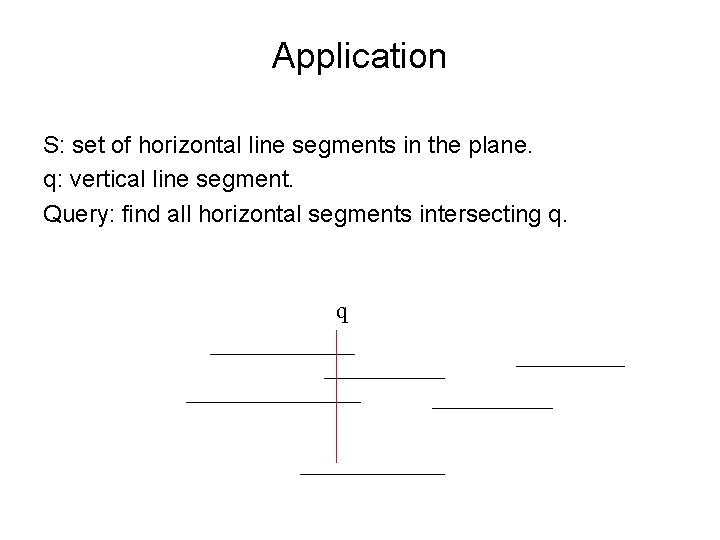 Application S: set of horizontal line segments in the plane. q: vertical line segment.